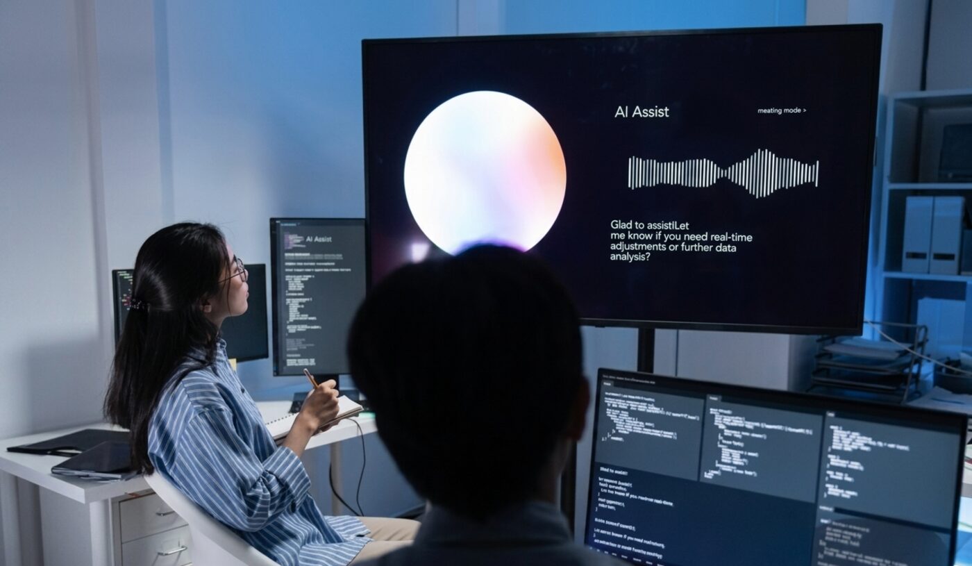 Two people in a dimly lit office watching a large screen showing an AI voice assistant interface — a glowing orb and a soundwave display.